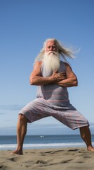 A man in his 80s practices yoga on a beach, with the ocean in the background