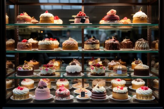a long display of cakes in a glass cabinet