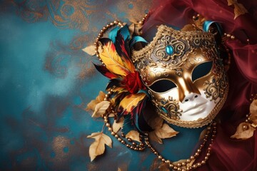Festive venetian carnival mask on gray background, new year celebration - obrazy, fototapety, plakaty