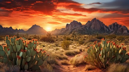 Wild West Texas desert landscape with sunset with mountains and cacti. - obrazy, fototapety, plakaty