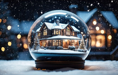 Magical glass ball with tiny modern house inside near big real cozy house with lights in windows in winter. Gift dream for Christmas, New Year. Insurance, mortgage, purchase real estate dream house