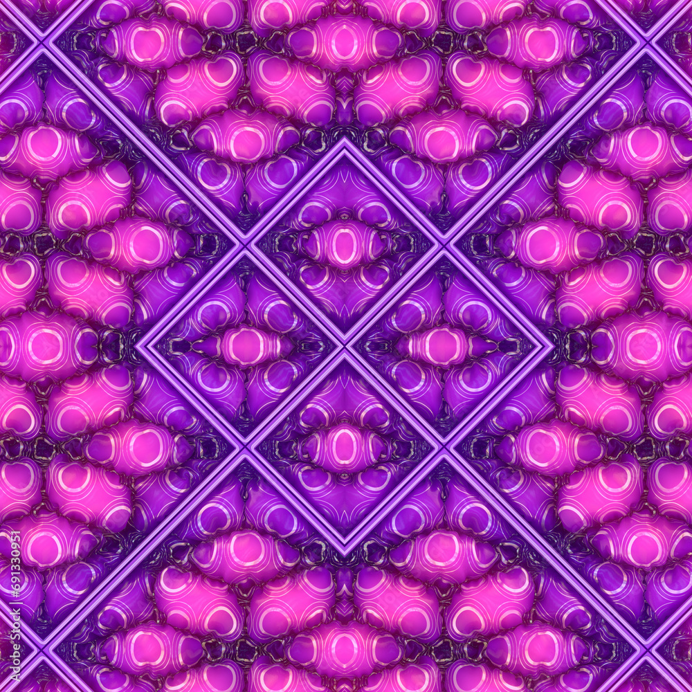 Poster Gold pattern of circles on purple-pink inflatable flanked by squares and diamonds. 3d rendering digital illustration