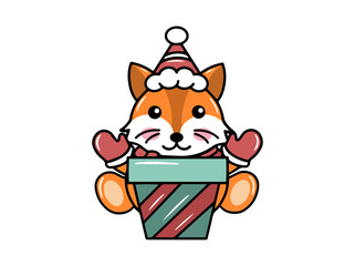Fox Cartoon Animal with Santa Hat Christmas