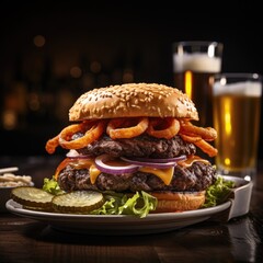 A mouth-watering image of a juicy hamburger piled high with lettuce, tomato, and cheese