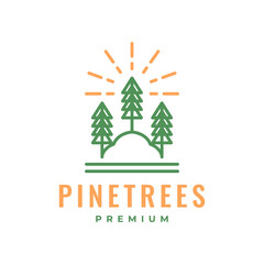 Fototapeta na wymiar pines tree forest sunburst line style simple minimal colorful logo design vector icon illustration