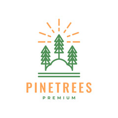 pines tree forest sunburst line style simple minimal colorful logo design vector icon illustration