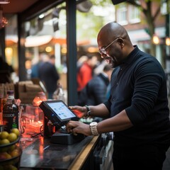 customer using a smartwatch to pay for their purchase at a local stall - obrazy, fototapety, plakaty