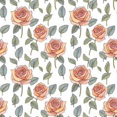 Watercolor Yellow Rose Flower Floral Seamless Pattern on White Background