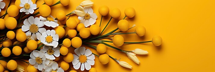 Bunch Matricaria Yellow Button Feverfew Laying, Banner Image For Website, Background, Desktop Wallpaper - obrazy, fototapety, plakaty