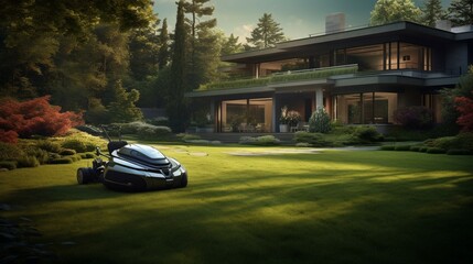 an elegant scene featuring a high-tech robotic lawn mower maintaining a pristine backyard,...