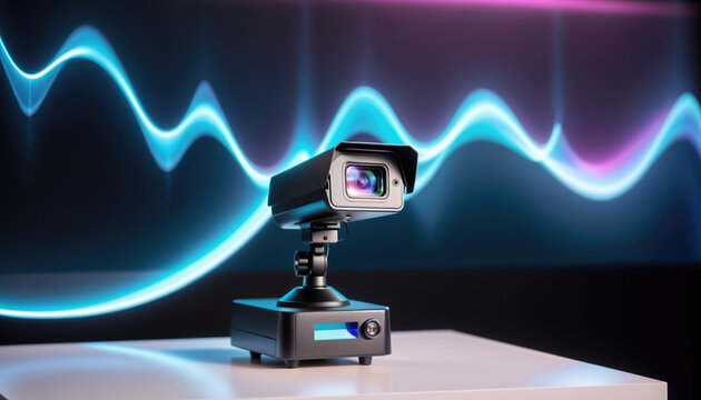 concept of wave passing through futuristic videcam on podium