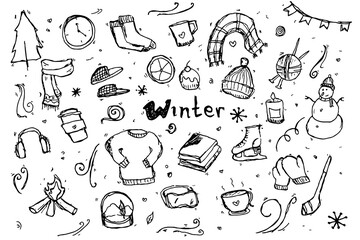 set of winter doodles, vector isolated hand drawn elements