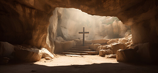 Christian easter background, He has risen, concept of tomb of Jesus - obrazy, fototapety, plakaty