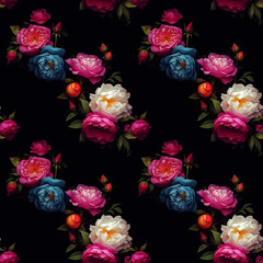Magenta Blue and White Peony Flower Floral Seamless Pattern on Black Background