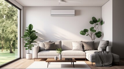 smart air conditioner in a modern living room, showcasing its smart controls, energy efficiency features, and the sleek design that complements contemporary interiors