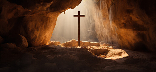 Christian easter background, He has risen, concept of tomb of Jesus