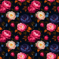 Magenta Blue and White Peony Flower Floral Seamless Pattern on Black Background