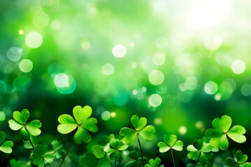 Green clover on lawn background with copy space. St Patriks Day concept. AI generated