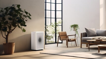 realistic image of a smart air purifier in a modern living room, emphasizing its advanced filtration system, app-controlled settings, and the sleek design that enhances indoor air quality
