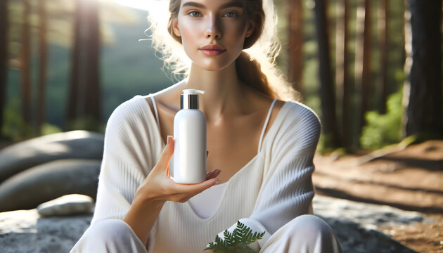 woman sitting in forest poses for a mockup of a skin care tube container.