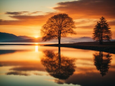 calm water sunset with warm hues mountain and tree silhouettes in the evening glow peaceful scenery image