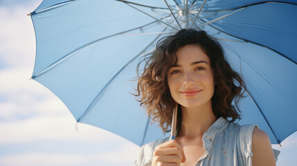 Happy woman with sunny blue sky holding a blue umbrella or sunshade to protect her skin from sun light with return of warm days - Powered by Adobe