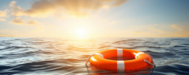 Lifebuoy floating on sea banner background with copy space and hopeful sun rays - obrazy, fototapety, plakaty