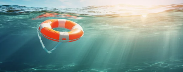 Fotobehang Lifebuoy floating on sea banner background with copy space and hopeful sun rays © Keitma