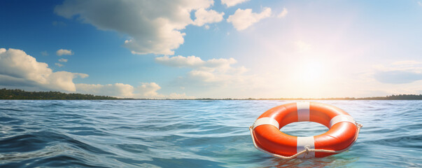 Lifebuoy floating on sea banner background with copy space and hopeful sun rays - obrazy, fototapety, plakaty