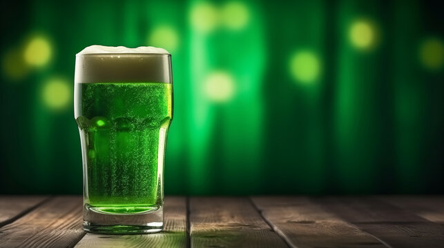 Glass of green beer on table for st patricks day concept image background with copy space