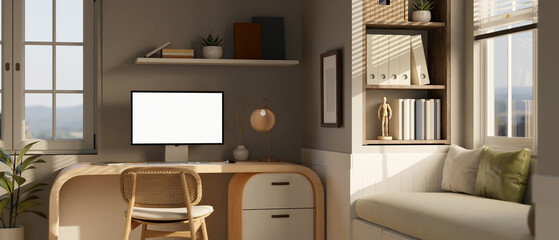 Interior design of a modern and comfortable living room with a computer desk with a computer mockup.