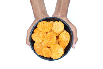 Holding some potatoes chips on hand 