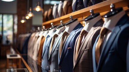 Classic suits in boutiques Elegant men's classic suits on shelves in luxury men's boutiques.