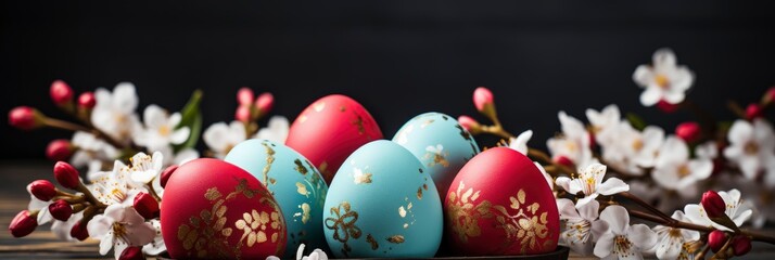 Obraz na płótnie Canvas Basket Full Easter Eggs Spring Flowers, Banner Image For Website, Background, Desktop Wallpaper