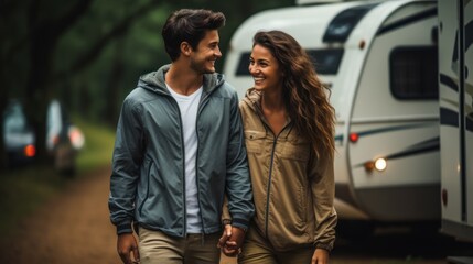 Naklejka premium Couple in love holding hands, looking at each other and smiling. Couple walking near camp