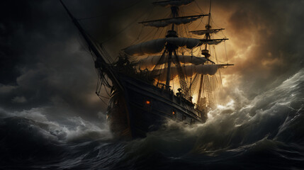 Ghost ship in the stormy sea - obrazy, fototapety, plakaty