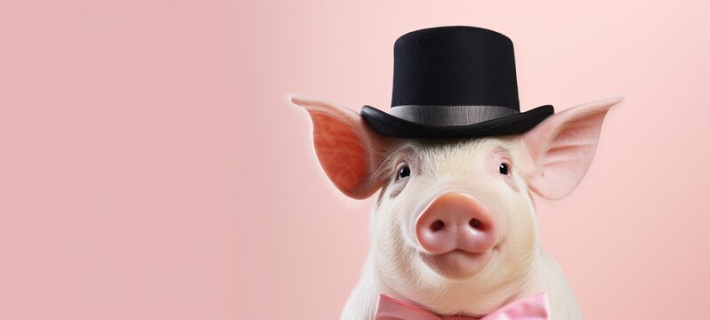 Cute little pig in black hat and bow tie on brown background. Happy Birthday, carnival, New Year's eve, sylvester or other festive celebration.