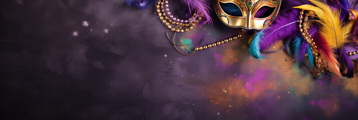 Carnival mask on a violet background, suitable for design with copy space, Mardi Gras celebration. - obrazy, fototapety, plakaty