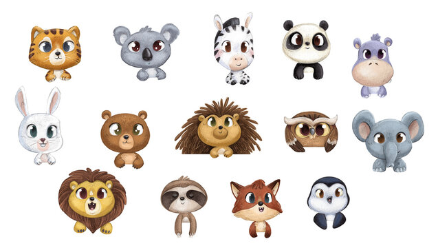 Faces of different animals in children's style