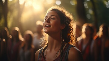 Yoga class doing breathing exercises at the park. Beautiful fit friends doing breath exercises together with outstretched
