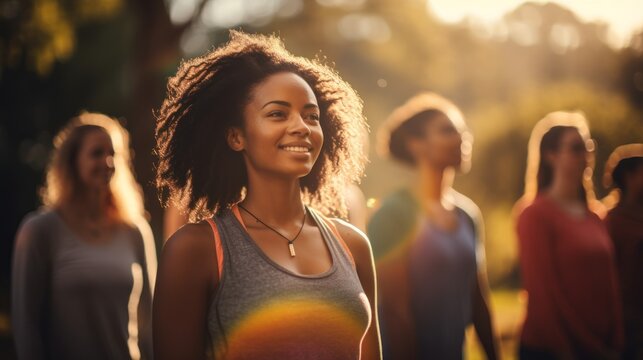 Yoga class doing breathing exercises at the park. Beautiful fit friends doing breath exercises together with outstretched