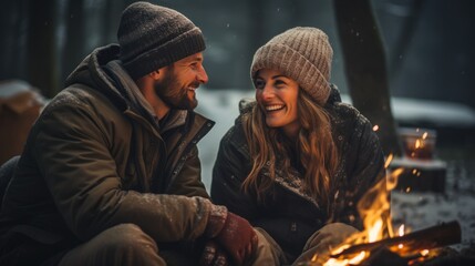 Happy couple resting in snow-covered forest Roast marshmallows over an open fire. and drink hot tea - obrazy, fototapety, plakaty