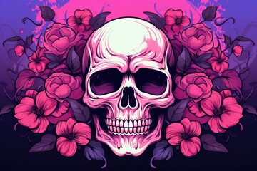 a pink and purple skull on a purple background
