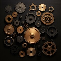 A collection of interlocked brass gears on a sleek dark metal backdrop, blending traditional materials with contemporary design. Generative AI.