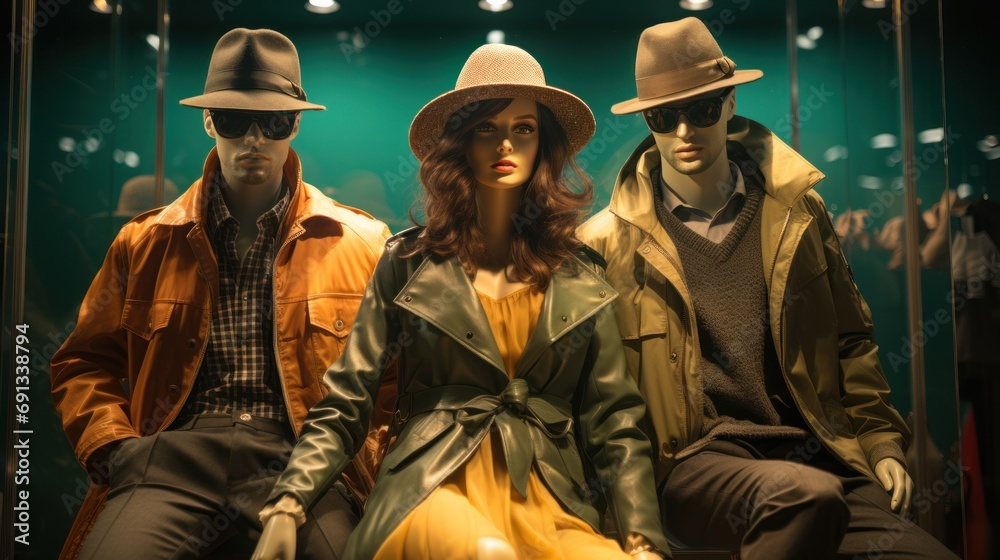 Wall mural Men's and women's clothing store Three mannequins dressed in parkas, jackets, - Wall murals