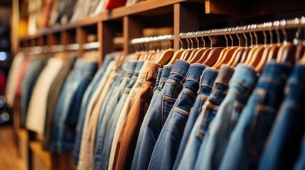 Obraz premium Men's denim jeans in a men's clothing store Stylish men's jeans on a trumpet in a clothing store