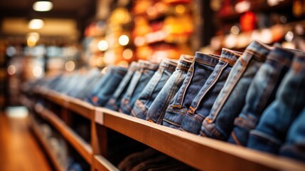 Men's denim jeans in a men's clothing store Stylish men's jeans on a trumpet in a clothing store
