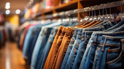 Men's denim jeans in a men's clothing store Stylish men's jeans on a trumpet in a clothing store - obrazy, fototapety, plakaty