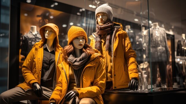 Men's and women's clothing store Three mannequins dressed in parkas, jackets,
