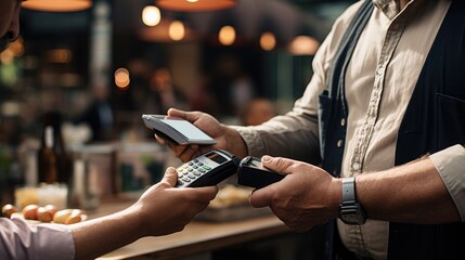 A shot of a street vendor holding a smartphone while receiving a mobile payment from a customer